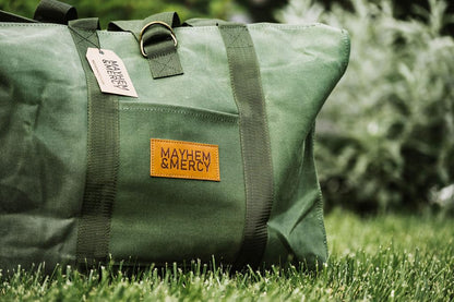 MAYHEM & MERCY Extra Large Waxed Canvas Firewood Carrier Tote – Heavy Duty Log Bag with Handles & Pocket – Self-Standing Wood Holder for Fireplace, Camping, and Outdoor Use – Hunter Green