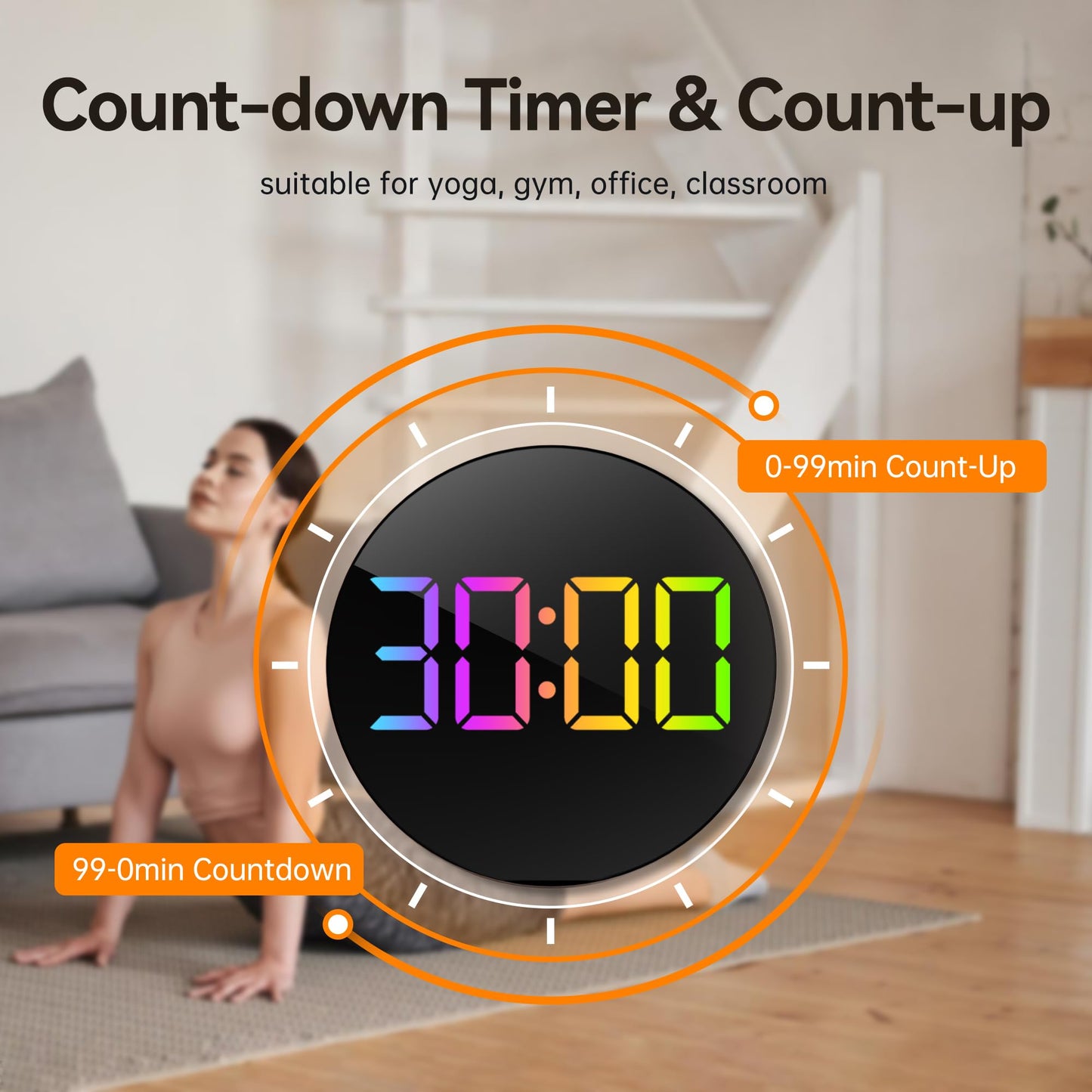 JALL 10" Large Digital Wall Clock with Seconds, Alarm Countdown Timer, Big LED Display, RGB Color, DST, Temperature, Mounted for Bedroom Living Room Office Classroom Gym, Xmas Birthday Gift, Blue