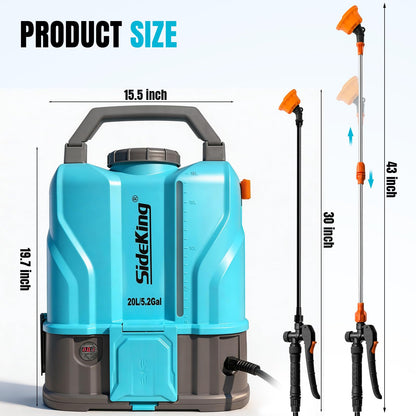 SideKing 5.2 Gallon Battery Powered Backpack Sprayer, 120 PSI Powerful Electric Sprayer Compatible with DeWalt 20V Battery, Max 1.0 GPM, 5 Nozzles & 2 Spray Wands for Lawn, Yard, Weed & Pest Control