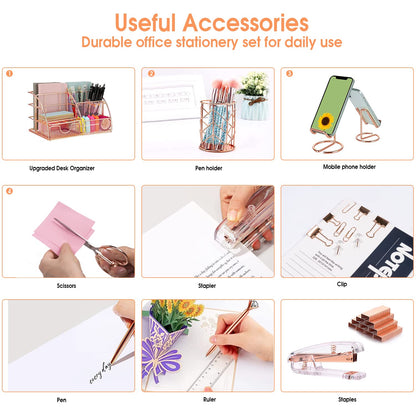 KAAKOW Rose Gold Desk Organizers and Accessories Office Supplies Set Stapler, Pen Holder, Phone Holder, Scissors, Pen, Ruler, 30 Paper Clips, 22 Binder Clip, 20 Tacks and 1000pcs Staples