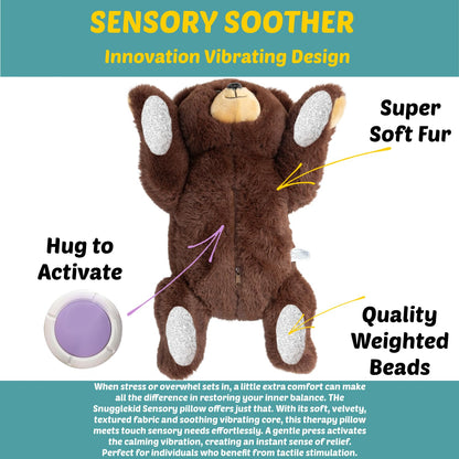 Lunapuer Bear Sensory Weighted Vibrating Pillow, Pressure Activated for Kids Adults, Plush Minky Soft Size: 11 by 20 inches Pillow Animal, Calming Therapy for Focus and Balance for Gift Birthday