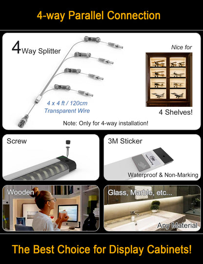 EBD LED Shelf Lights for Bookshelf 4-Way 48” Splitter Parallel Under Cabinet Lighting Built-in Adjustable Cable Kitchen Counter Lights Bar 8 Panels Display Lights Energy 3600Lm 4500K Closet Light