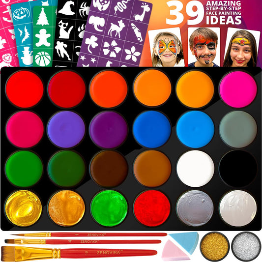 Zenovika Face Painting Kit for Kids - 24 Large Colors, Non-Toxic and Hypoallergenic, Stencils, Book, and Professional Halloween Makeup - Safe and Easy to Use