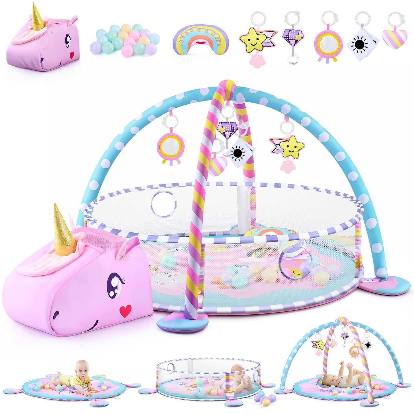 WeeHomm Baby Play Mat & Activity Mat - Baby Play Gym Tummy Time Mat with 6 Detachable Sensory Toys for Motor Skills Development, Newborn Baby Toys 0-6-12 Months Essentials Gift Playmats