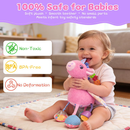MPQMPQ Car Seat & Stroller Toy for Girl - Musical Sensory Plush with Rattle & Mirror Baby Toys 0-12 Months Hanging Travel Carseat Toys Soft Squeaky Stuffed Animal Unicorn for Babies Gifts