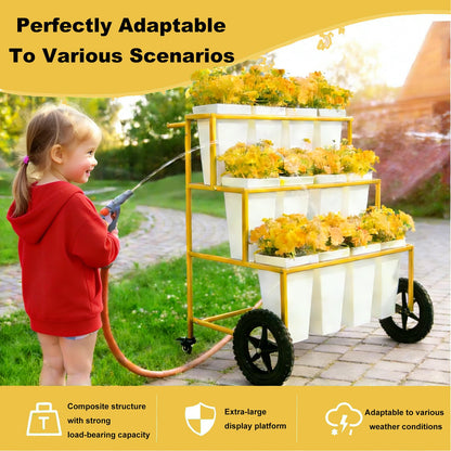 VITNSVILE Mobile Metal Flower Plant Stand, 360° Rolling Flower Display Stand for Indoor Outdoor, Space Saving Flower Bar Stand for Patio, Garden Event White, Black, Gold (White)