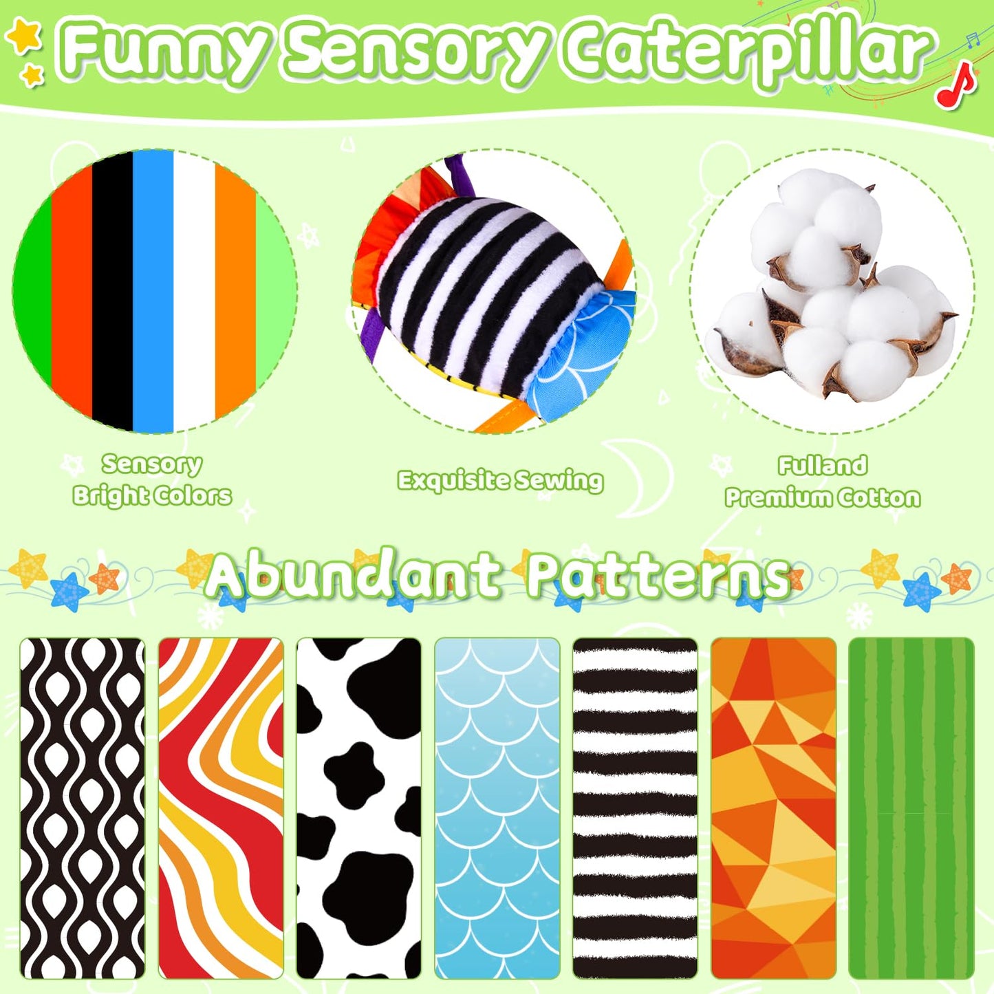 Vpkefla Baby Toys 0-6 6-12 Months, Stuffed Animal Infant Tummy Time Toys Sensory Toys with Crinkle, Rattles, Textures and Mirror Gifts for Newborn Boy Girls Toddlers, Caterpillar Musical Toy (Green)