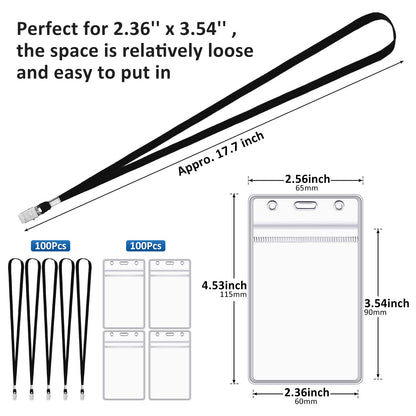 Marspark 200 Pcs ID Badge Holder with Lanyard Lanyards for ID Badges Resealable Flat Neck Name Tag with Clip Waterproof Plastic Clear Badges Bulk for School Office Supplies (Black)