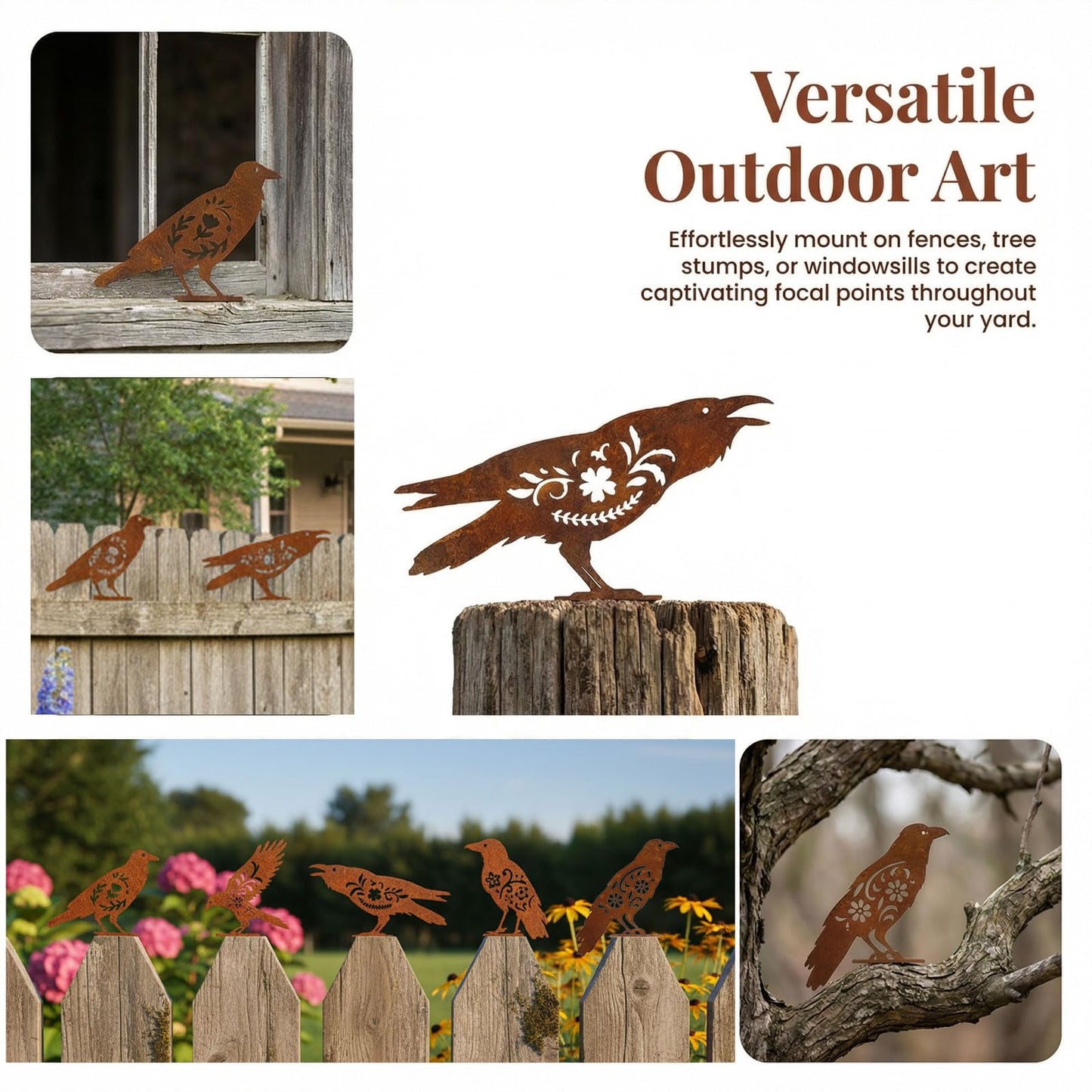 AIM & GGKK Rusty Metal Birds Yard Decor, Set of 5 Metal Bird Silhouette Statues for Garden Fence Yard Art, Rustic Outdoor Garden Sculptures Decorations