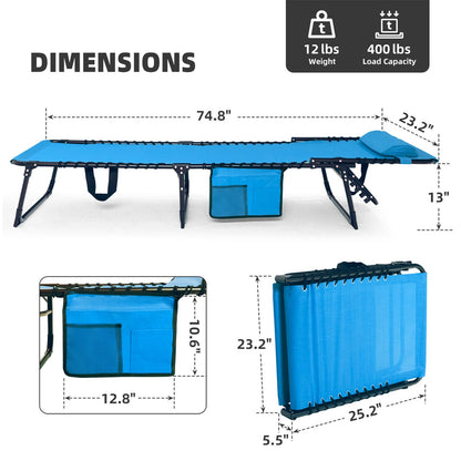 Foristrail Folding Chaise Lounge Chair Bed - Heavy-Duty 400lb Capacity Portable Adjustable Recliner w/Pillow for Patio, Pool, Camping, Sunbathing - Lay Flat Design (Blue)