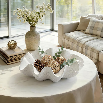 KEWOOL Scalloped Decorative Bowl Home Decor - 12.6" Modern Handicraft Large Shell Ruffle Decorative Fruit Bowl for Kitchen Counter, Chic Key Tray for Entryway Table, Artificial Stone White