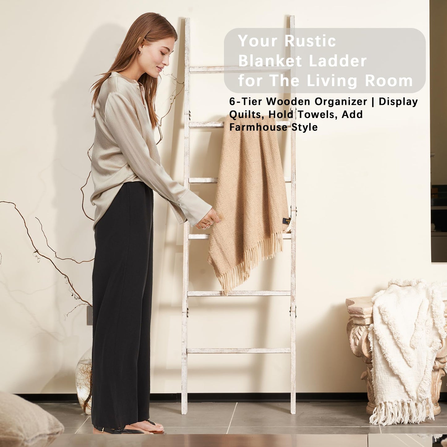 Blanket Ladder for The Living Room 6-Tier, Wooden Decorative Quilt Holder for Bed Room, Wall-Leaning Towel Rack for Bathroom，Rustic Farmhouse Ladders for Display. (White Wash)