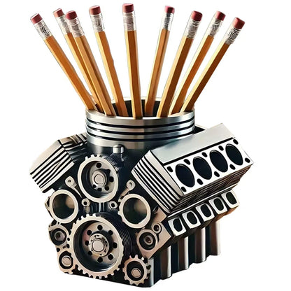 Tizee V8 Engine Model Pen Pencil Holder - Creative Desk Organizer for Home Office| Resin Desktop Stationery Storage with Compartments | Gift for Car Enthusiasts, Mechanics, and Engineers (Silvery-A)