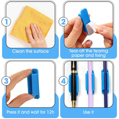 VZZNN Adhesive Pen Holders for Desk Set of 40 - Reusable Silicone Pencil Grips with Strong Sticky Pads, Flexible Pen Holder for Wall, Clipboard, Notebook, Office Essentials & Teacher Supplies (Blue)