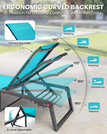Oasbira Aluminum Chaise Lounge Chair Outdoor, Foldable & Assembly Free Patio Pool Lounge Chairs 5-Position Recliner for Outside Poolside, Fully Grounded Legs Sun Lounger for Beach, Yard, Lake Blue