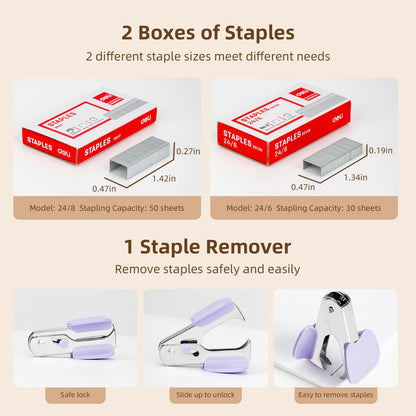 Deli Effortless Desktop Stapler, Heavy Duty Stapler, 40-50 Sheet Capacity, One Finger, No Effort, Includes 1500 Staples & Staple Remover, Violet