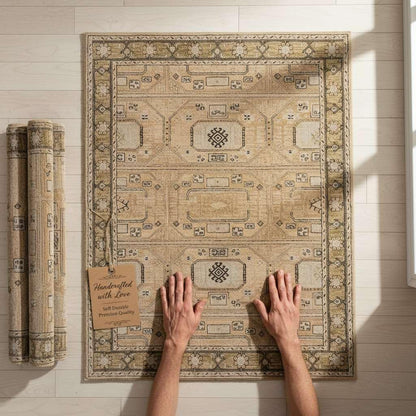 SN ALEFHOME Handmade Rectangular Wool Rug – Ellington Tribal Pattern | Washable & Non-Slip Area Carpet for Living Room & Home Interior(2'6x8' ft_Beige)