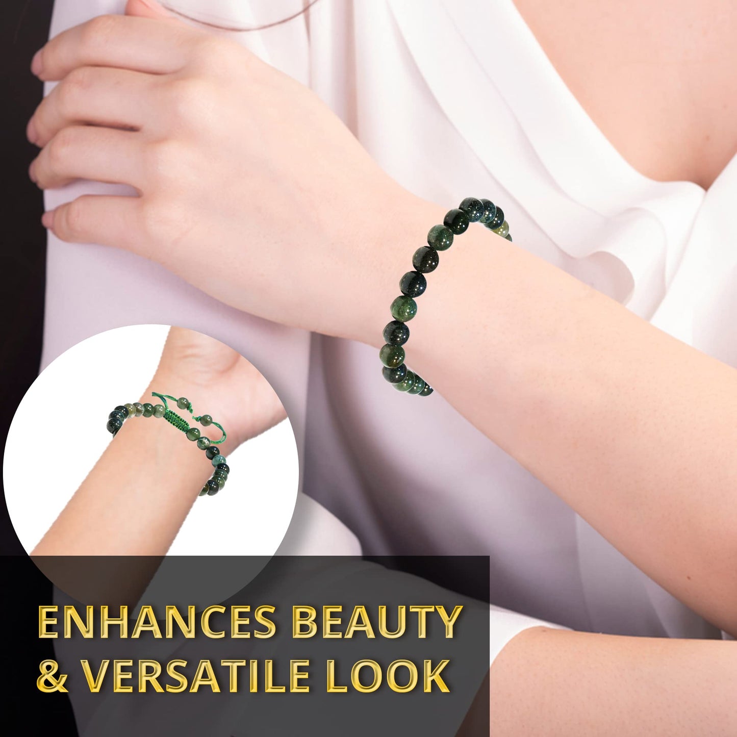 ANAYA AGATE Healing Crystal Bracelet – Chic Gemstone Bracelet for Men and Women – 8mm Round Bead Bracelets for Spiritual Healing, Protection, Positive Energy - Moss Agate