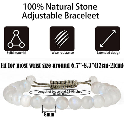 QOGIR Handmade Healing Stones Bracelet,8mm Natural Rainbow Moonstone Gemstone Beaded Bracelet,for Men Women Gifts with 2PCS Size Adjustable Rope Bracelets