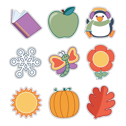 Carson Dellosa 150PC Summer, Fall, Winter, Spring Decor, Autumn Leaves, Snowflake, Hearts, Pumpkin, Sun Umbrella, Flower Cutouts, Bulletin Board, Locker, Christmas, Halloween, Thanksgiving Decorations