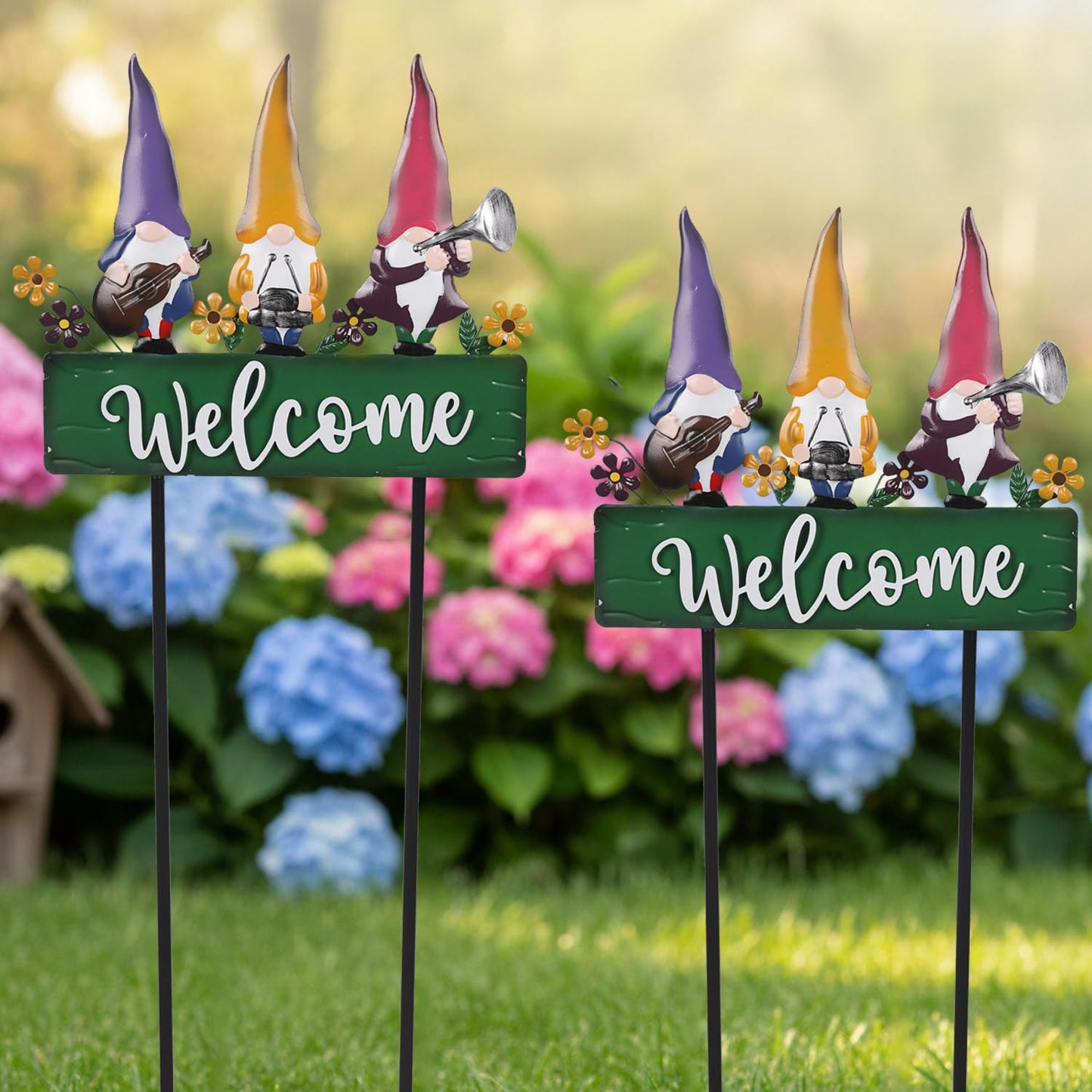 YHSOLAR Spring Gnomes Decorations for Yard with Garden Welcome Sign, Large 43.3inch Musical Gnome Decorative Garden Stakes Metal Yard Art for Outdoor Lawn Decorations