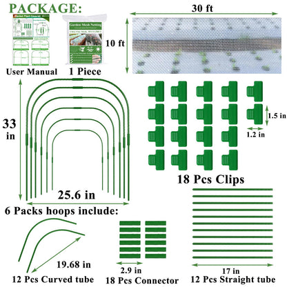 Garden Mesh Netting Kit, Plant Covers 10x30Ft Ultra Fine Mesh Netting & 6Pcs Garden Hoops &18 Clip, Garden Netting Kit for Raised Beds Plants Pest Barrier Greenhouse Row Cover Animal Protection Net