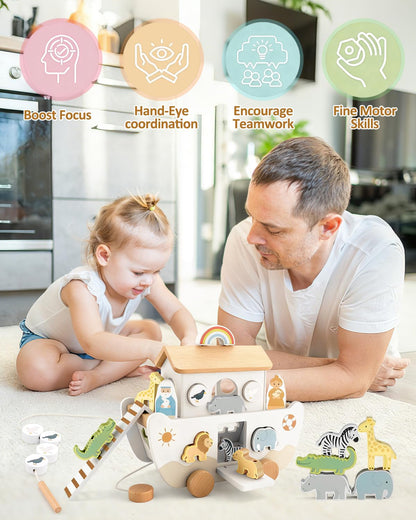 WoodsyJoy Wooden Noah’s Ark Toy for Toddlers 1-3, Baptism Christening Gifts for Boys Girls, Christian Toy Animal Shape Sorter, Baby Birthday