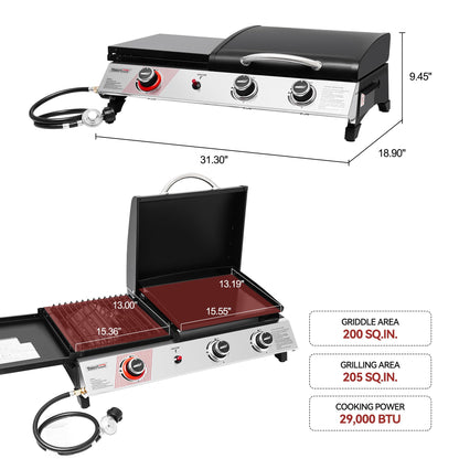 Royal Gourmet PD1305H 3 Burner Propane Gas Grill and Griddle Combo with Lid, 3-in-1 Grill Griddle Combo with 29,000 BTUs Output for Outdoor Cooking, 364 Sq. In. Cooking Area, Silver & Black