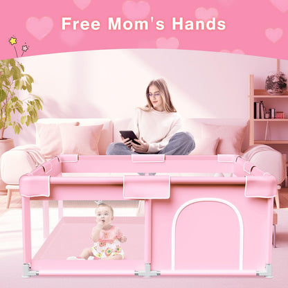 Pink Baby Playpen 50x50 Inches Playpen for Little Princess Play Yards Indoor & Outdoor Sturdy Safety Baby Girls Play Pen with Soft Breathable Mesh Toddlers Activity Center with Anti-Slip Base