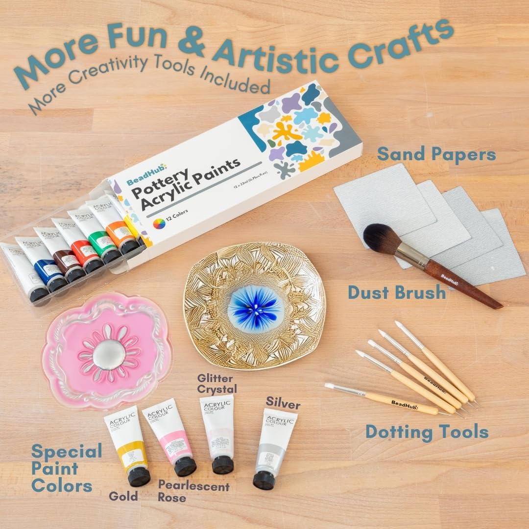 Pottery Kit for Beginners, 4.4LBS Air Dry Clay for Adults with Sculpting Tools, Paint, Glaze, 2kg Air-Dry Modeling Clay | Molding, Sculpt & Painting Set, Hobby Date Night DIY Art Craft Kits (White)