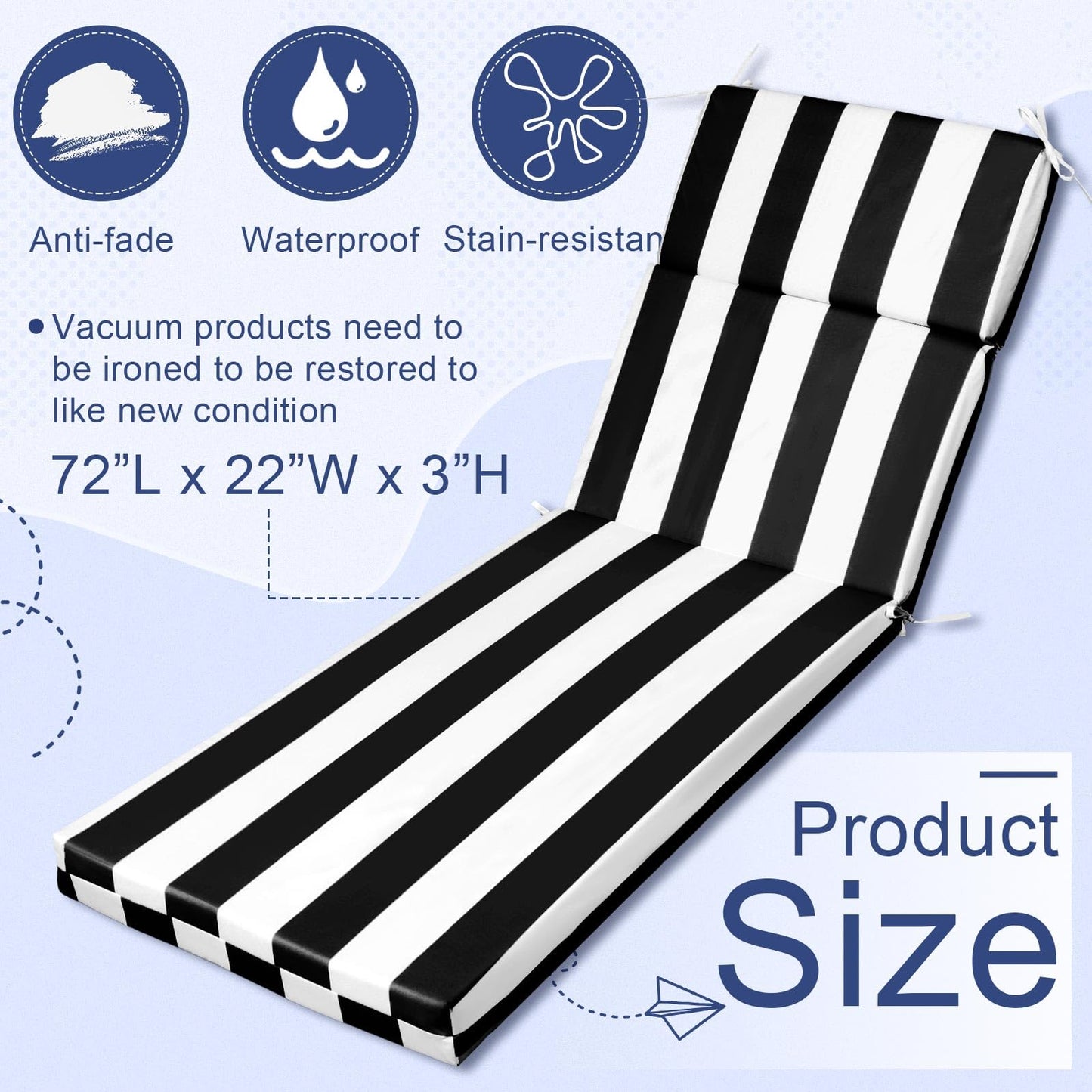 SmoothNovelty 1 Pcs Indoor Outdoor Chaise Lounge Cushions Sponge Bench Outdoor Furniture Chaise Cushions Patio Chair Furniture Replacement (Black White Stripes)