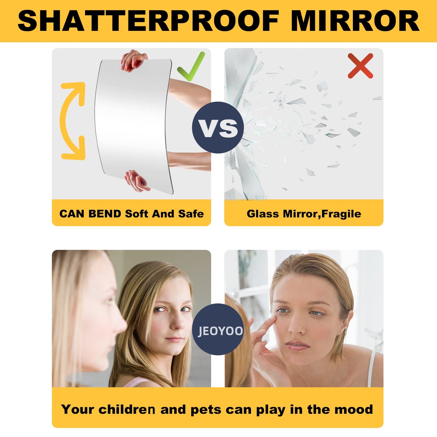 JEOYOO Full Length Mirror Unbreakable Gym Mirrors for Home Gym, 12"X12"X0.12", 4 Pcs, Plexiglass Locker Tiles, Body Workout Wall Mirror for Bedroom, Gift Idea, Over The Door Wall-Mounted Sticker