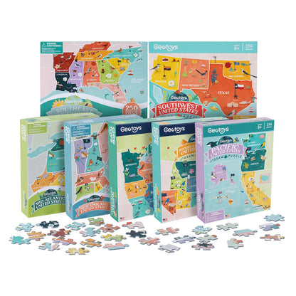 Geotoys USA Regional Jigsaw Puzzle Bundle - Set of 7 Jigsaw Puzzles for Kids Ages 8-12 - 250 Piece Puzzles for Kids Featuring New England, Midwest, Pacific & More – Regional US Map Puzzle with Flags