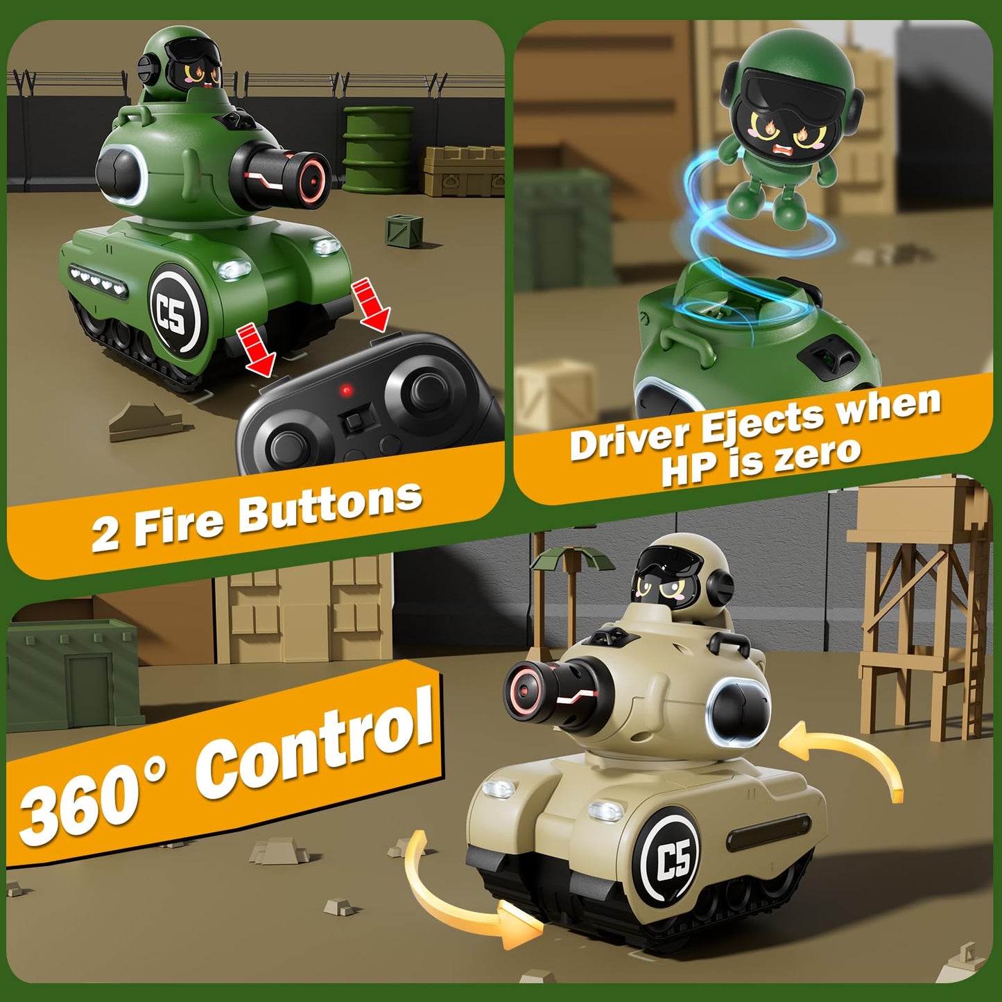 bessome 2 Pack Cute Cartoon Remote Control Battle Tanks with Laser tag|Hobby RC Cars Shoot to Ejected Out|Military Army Toys for 6 7 8 Year Old Boys Girls | Christmas Birthday Easter Gifts for 8-12