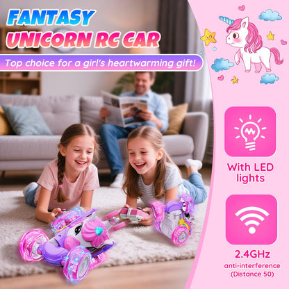 Motivekit Unicorn Remote Control Car Toys for Girl - 360° Rotating Pink RC Stunt Cars 4WD Remote Cars for Kids, 2.4GHz Toy Car with LED Lights, Birthday Gift for 3 4 5 6 7 8 9 Year Old Girl