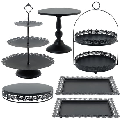 6 Pcs Black Cake Stands Set, QENUIITEA Cake Display Pedestal Tiered Cupcake Holder Dessert Plate Serving Tower Tray Decorative for Wedding Birthday Party Baby Shower Celebration