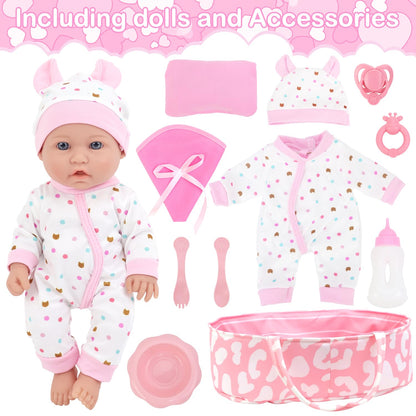 ZITA ELEMENT 12 Inch Baby Doll with Accessories for Baby Doll Reborn Includes Carrier Bassinet Bed, Pacifier, Blanket, Pillow, Feeding Set, New Born Doll Playset for Toddlers 3 Ages and Up