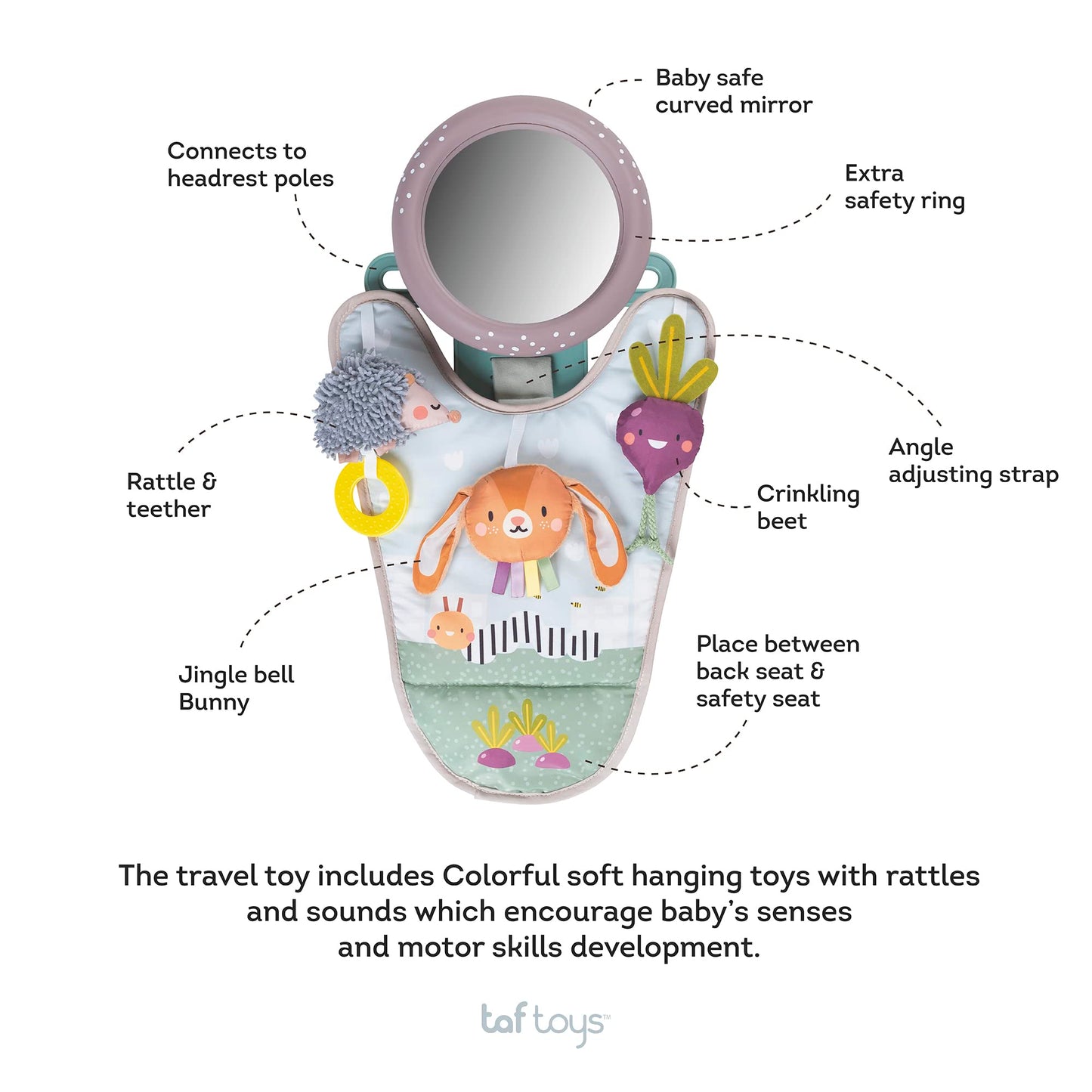 Taf Toys Infant Car Seat Development Center Newborn Baby Essentials Must Haves Toy, Car Seat Accessories Activity Center with Car Seat Mirror, for Newborn Toys 0 3 Months Brain Development