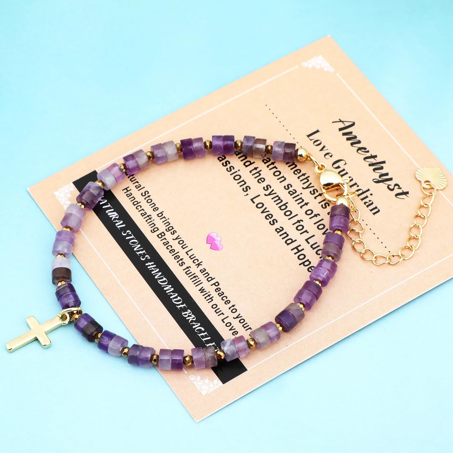Natural Gemstone Healing Crystal Amethyst Dainty Charms Cross Bracelet Adjustable Chain Extender Minimalist Jewelry