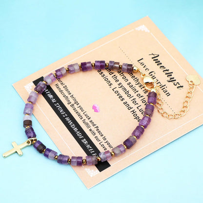 Natural Gemstone Healing Crystal Amethyst Dainty Charms Cross Bracelet Adjustable Chain Extender Minimalist Jewelry