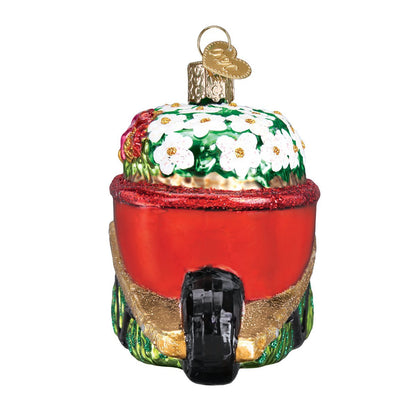 Old World Christmas Wheelbarrow with Flowers Glass Blown Ornament for Christmas Tree, Handcrafted Holiday Decoration, Garden Collection