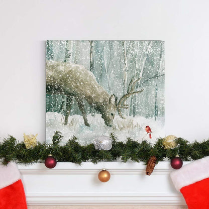 Renditions Gallery Reindeer and Cardinal Wall Art, Cute Christmas Artwork, Snowy Winter Forest, Scenic Nature, Premium Gallery Wrapped Canvas Decor, Ready to Hang, 24 in H x 24 in W, Made in America