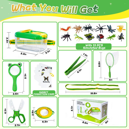BLOOLILIES Bug Catcher for Kids, 28 PCS Outdoor Explorer Kit with Magnifier Glass Bug Collector Toy Butterfly Net Catcher Tweezers Insect Cognition Cards Outdoor Toys for Kids Ages 4-8 Boys Girls
