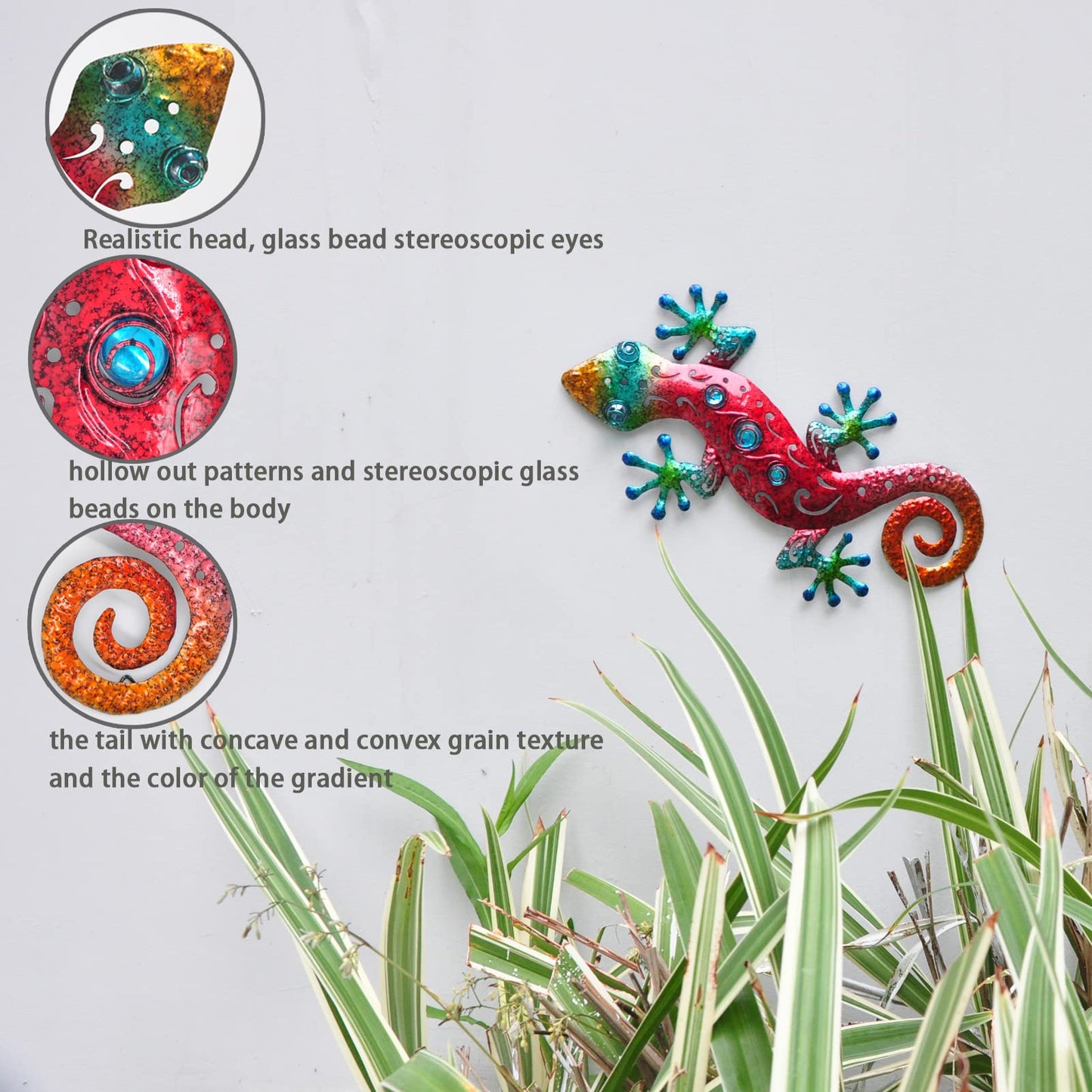 Tuokiuhn Metal Outdoor Red Gecko Wall Decor Lizard Garden Decoration Outdoor Fence Yard Wall Art Country Farmhouse Decor 13.5 * 7.5Inch