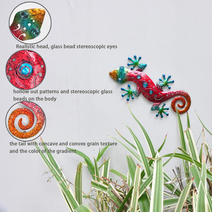 Tuokiuhn Metal Outdoor Red Gecko Wall Decor Lizard Garden Decoration Outdoor Fence Yard Wall Art Country Farmhouse Decor 13.5 * 7.5Inch