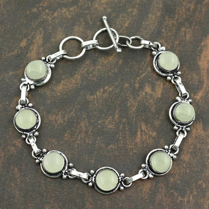 Natural Prehnite 925 Silver Plated Handmade Link Bracelet for Women - Round Gemstones Vintage Style Adjustable Bracelet Women Jewelry Gifts for Wedding Christmas Valentine's Day