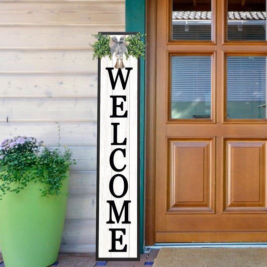 SRSZHIYUE Welcome Sign for Front Porch Standing 45"X9" Large Vertical Farmhouse Outside Front Door Sign Leaner Tall Vintage Outdoor Wreath Patio Garden Wood Framed Decorations (Black)