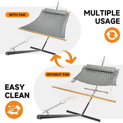 Everyfun 2 Person Outdoor Hammock with Stand, Cotton Rope Hammock with Polyester Pad, Adjustable Steel Frame, Portable with Carrying Bag – for Patio, Backyard, Garden, Beach,Dark-Gray