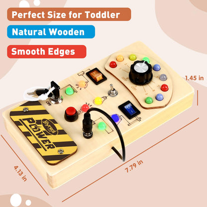 Joyreal Toddler Busy Board, Wooden Montessori Busy Board Sensory Board with LED Light Switch, Sensory Toys Baby Fidget Board Travel Toys for Toddler