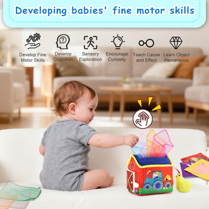 weirtoya Baby Tissue Box Toy-Montessori Sensory Activity Center for 6-18 Months,Farm Animals, Squeaky Sounds, Safety Mirror Play Silks, Top Choice for Baby Registry, Easter Baskets & Birthday Gifts